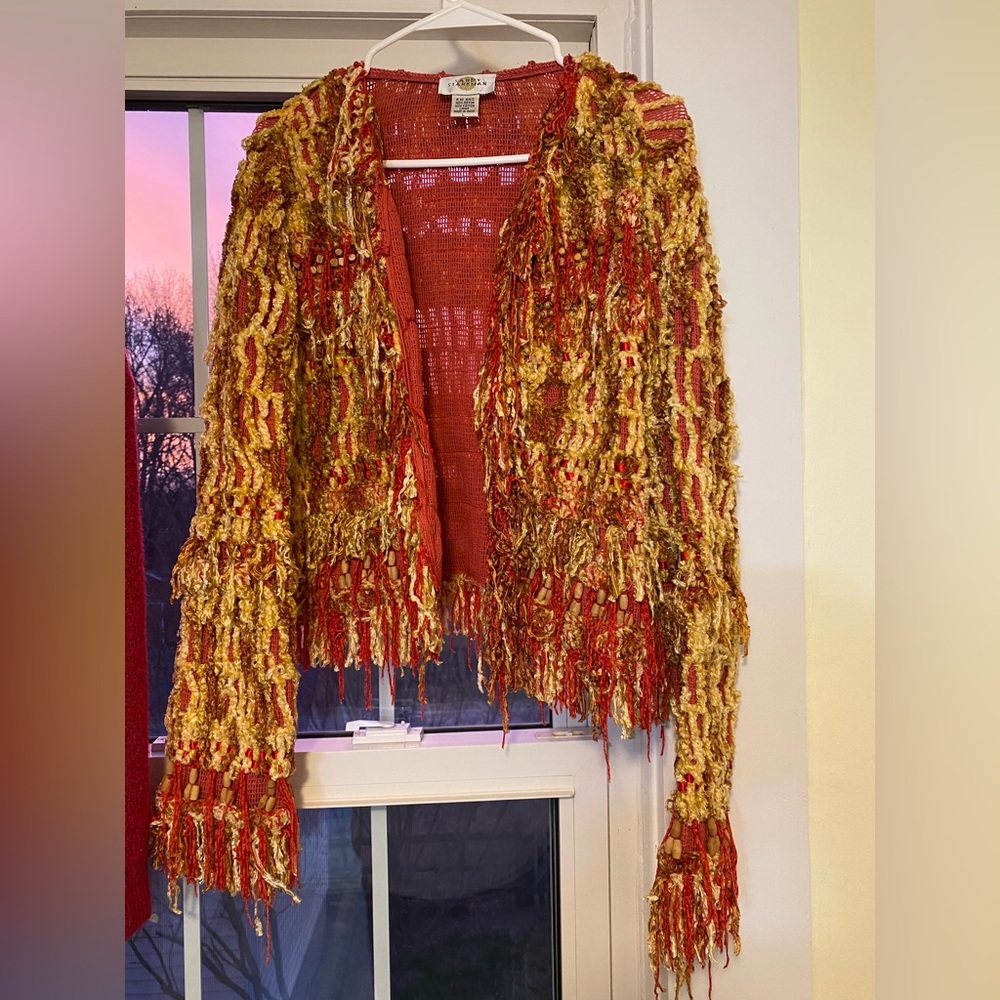 Textured Fringe Open-Front Jacket in Rust & Gold